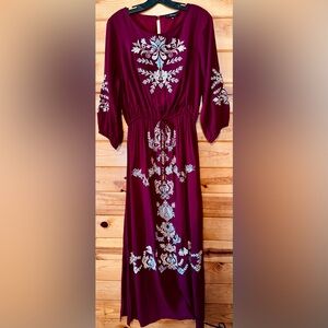 ANDREE BY UNIT Burgundy Dress with White Embroidery